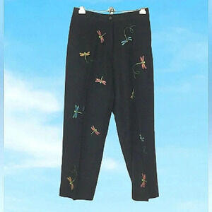 Embroidered Black Capris with Dragonfly Design